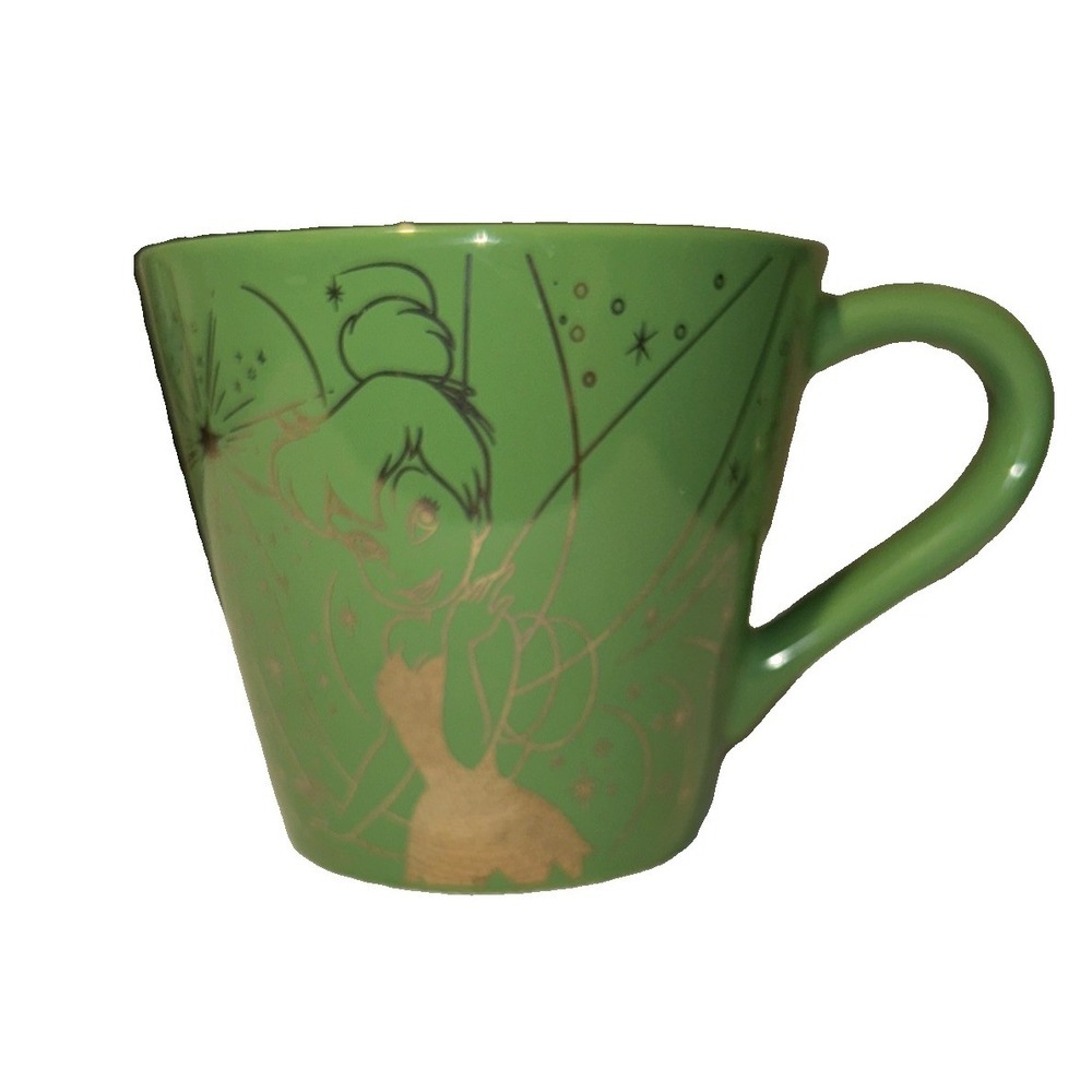 Disney Store Tinker Bell Gold Sketch on Green Ceramic 10oz Exclusive